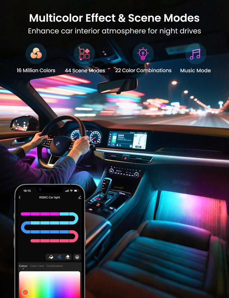 SUNLINKCO RGB+IC Car LED Lights, Smart 72 LED Car Interior Lights with App Control, 16 Million Colors Under Dash Light with Music Mode, Scene Mode, 2 Lines Design Light for Cars SUVs Trucks with Car Charger - Image 2
